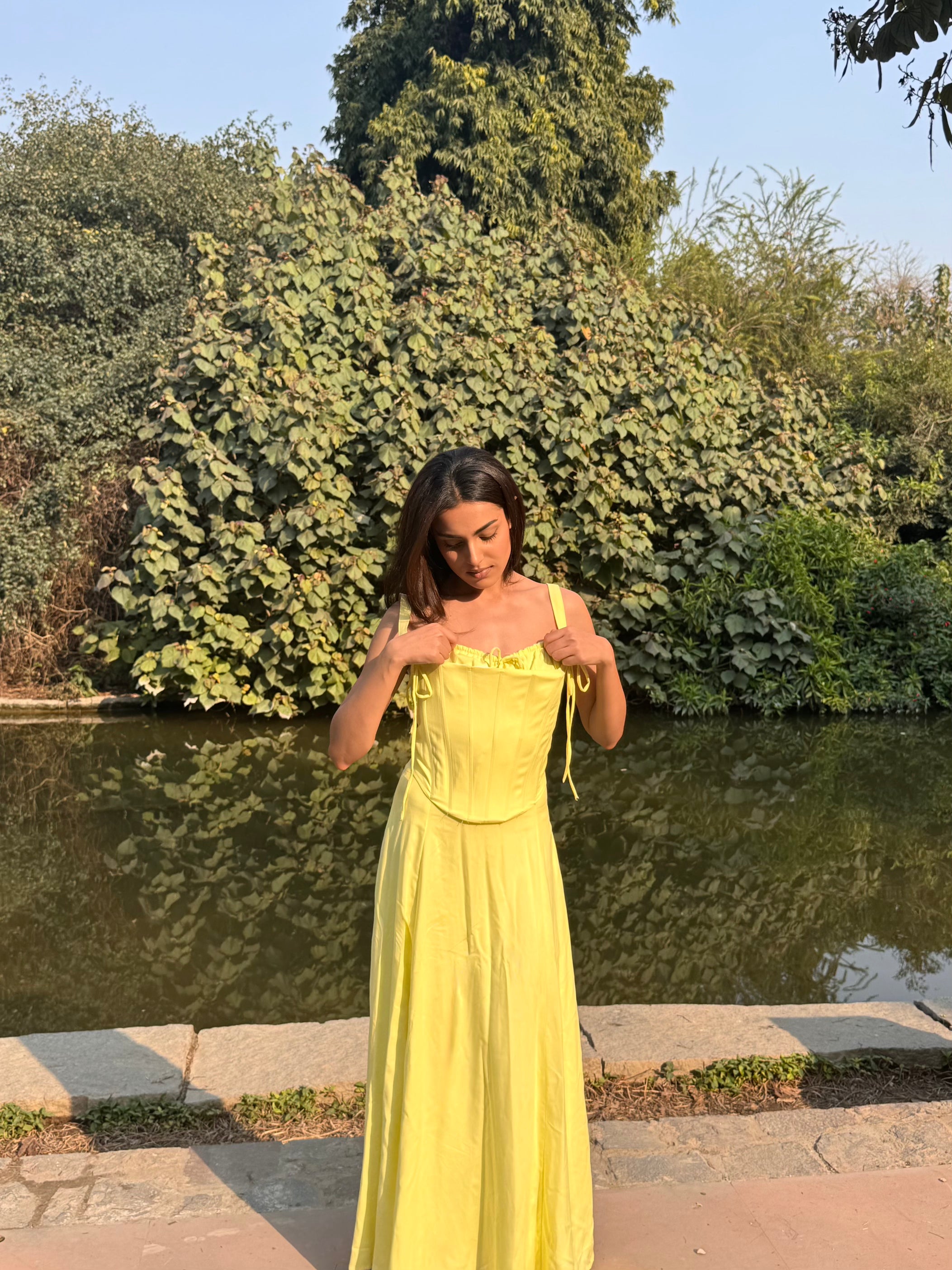 "LUNCH-DATE"Lemon Yellow Dress With Corset