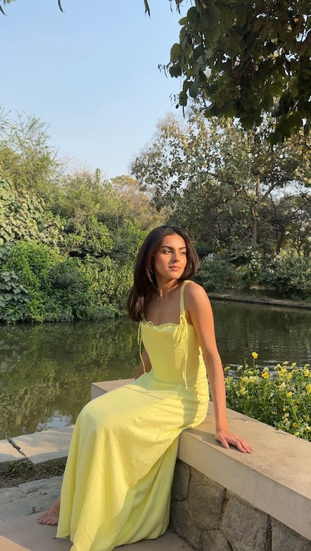 "LUNCH-DATE"Lemon Yellow Dress With Corset